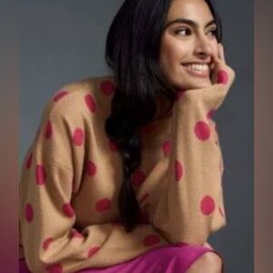 Anthropologie Maeve Tan Sweater with Pink Polka Dots
